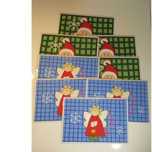 Merry Brite Vinyl Placemats 4 Santa Green Background 4 Angel Blue Background - Picture 1 of 6